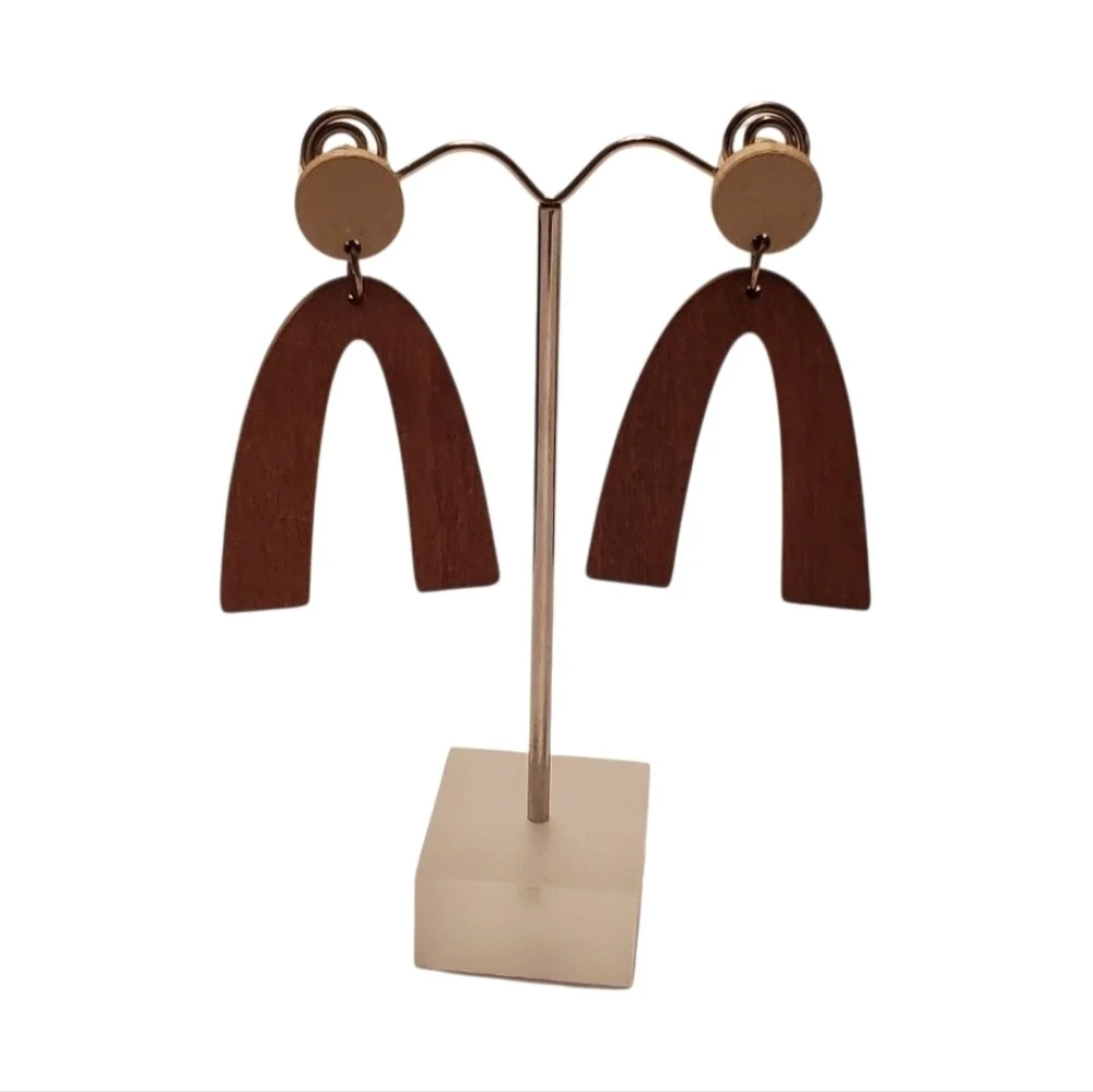 New Bohemian Laser Cut White And Brown Wooden Arch Pierced Post Dangle Earrings